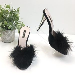 BEBE Slide Heels Black Boudoir Feather